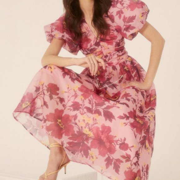 OASIS Floral Ruched V Neck Organza Midi Dress, US 8 - Picture 1 of 4